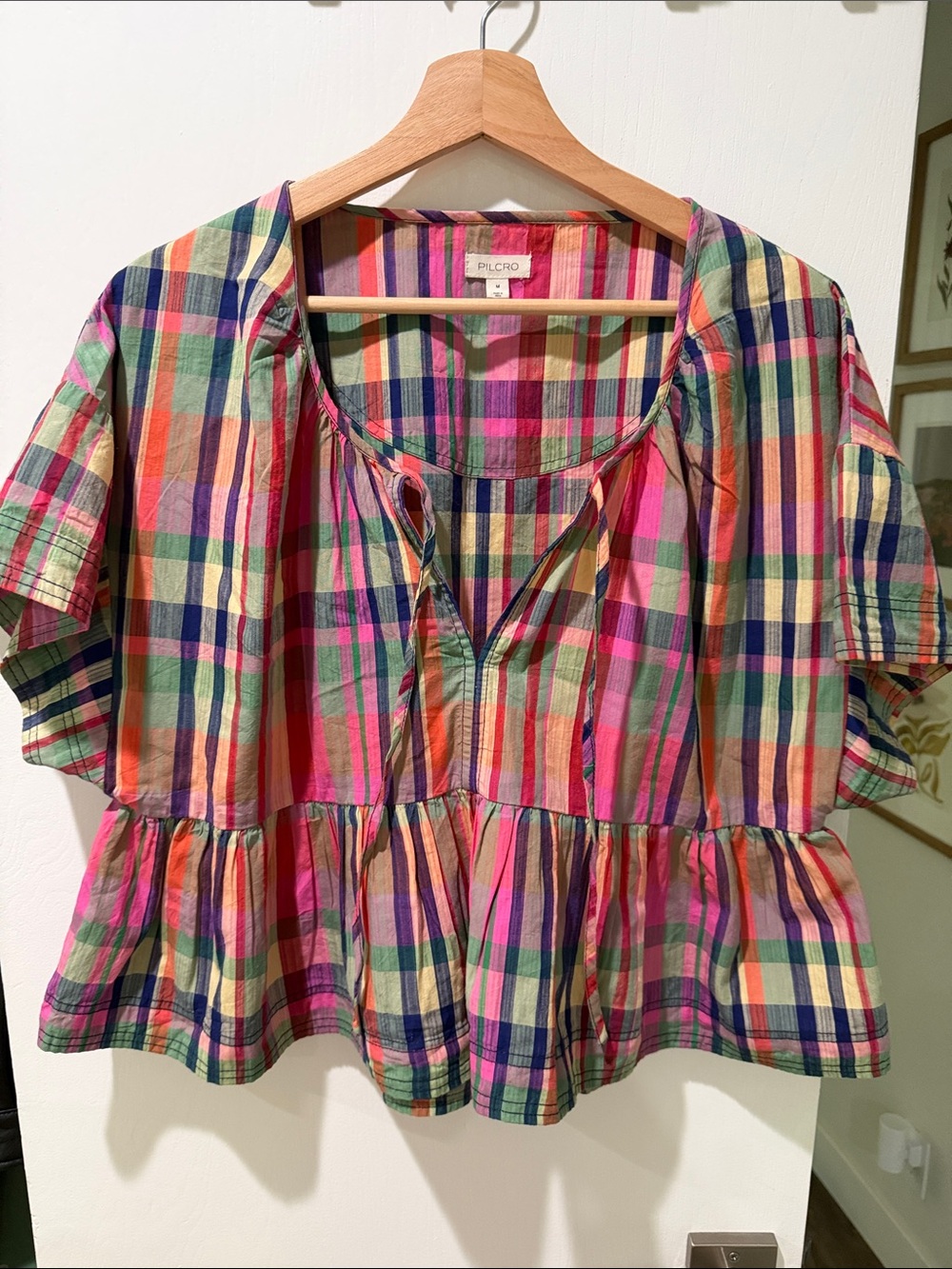 Anthropologie Pilcro Multicolor Plaid Peplum Top - Pink, Green, Blue, Yellow